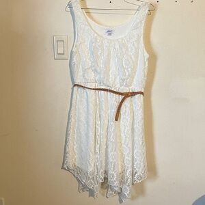 Sleeveless White Lace Mini-Dress with Brown Belt and Flowing‎ Skirt